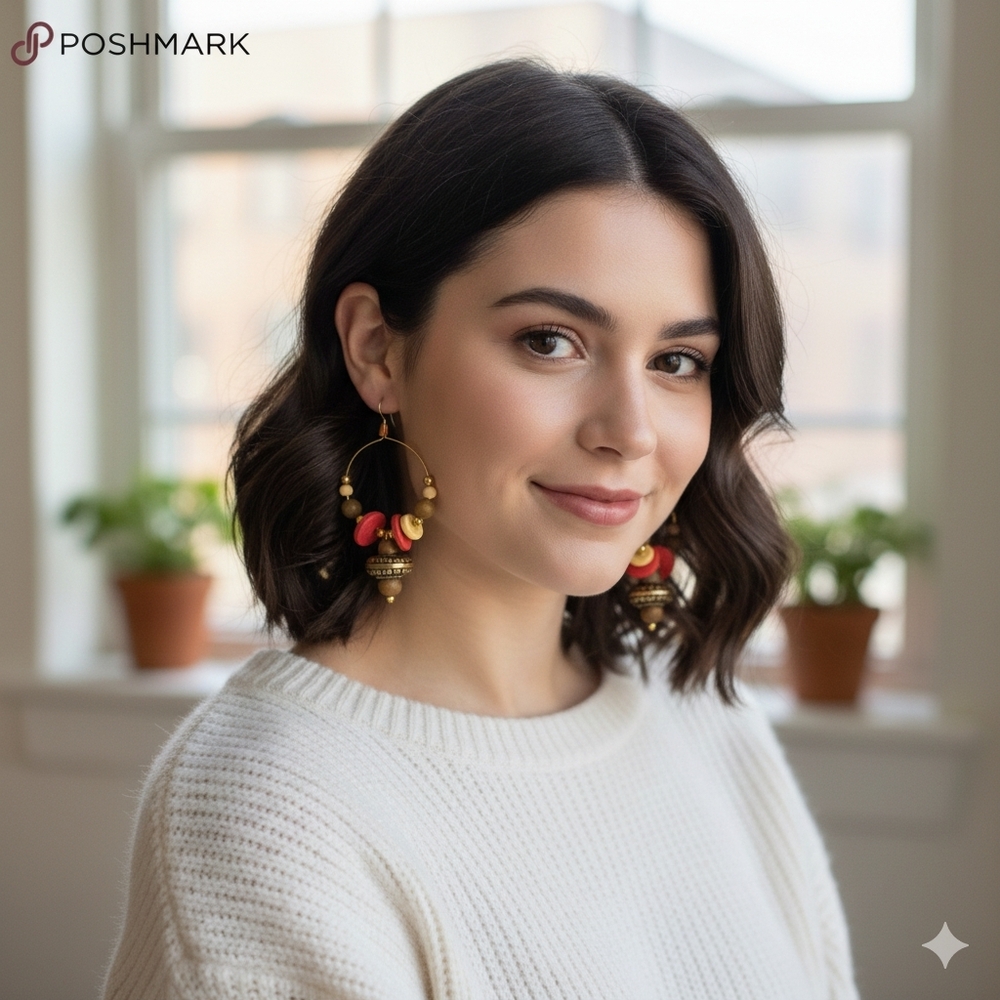 Artisan Style Wood Bead Hoop Earrings